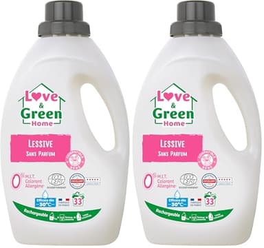 Love & Green Home Lessive écologique rechargeable Sans parfum certifiée Dermatest 5 étoiles et Ecodétergent par Ecocert - Compatible bébé - Fabriquée en France - 1,5L - 33 lavages (Lot de 2)