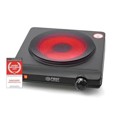 TZS First Austria - Plaque de cuisson infrarouge vitrocéramique TOUS types de casseroles 1250W - Mini réchaud électrique pour déménagement, camping & maison - Réglage continu & témoin contrôle