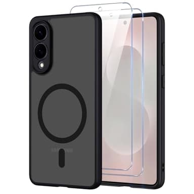 Oelrstfe Coque pour Samsung Galaxy S25 Edge 5G Compatible avec MagSafe avec 2 Verre Trempé, Magnétique Etui Translucide Mat Arrière Housse, Protection D'objectif Ultra Fine Antichoc Case, Noir
