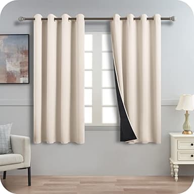 MRTREES Rideaux Occultant Beige Court Isolant Thermique 100% Bloquer Lumiere, Rideau Phonique Anti Bruit Anti Froid à Oeillets avec Noir Doublure Épais pour Chambre, 140(L) x160(H) CM, 2 Pièces