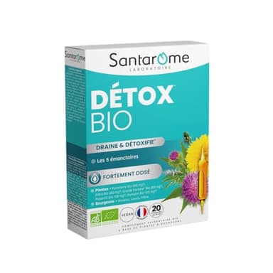 Santarome Bio - Détox Bio | Complément Alimentaire Détox Globale | Draine & Regénère les 5 Emonctoires - Plantes Bio - Grande Bardane, Fumeterre, Pissenlit | 20 Ampoules | Made In France | Végan
