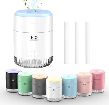 KARFUN Mini Humidificateur,350ml Portable Humidificateur d'air Chambre,Plantes Humidificateur d'air,Desktop Silencieux Mini Humidificateur avec 7 couleurs de lumière,Bureau,Chambre,Voiture, (Blanc)