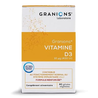 GRANIONS VITAMINE D3 400 Ui - Defense Immunitaire Adulte, Vitamine D3 + Zinc Bisglycinate - Complement Alimentaire Vitamine D, Vitamines Immunité Adulte + Capital Osseux -60 Gélules Vitamine D3
