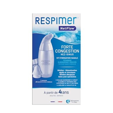 RESPIMER NetiFlow - Kit Irrigation Nasale Forte Congestion - Lavage Nez - Rhinites & Rhinosinusites - 1 Dispositif Breveté + 6 Sachets de Sels Minéraux - Dès 4 Ans - Fabriqué en France.