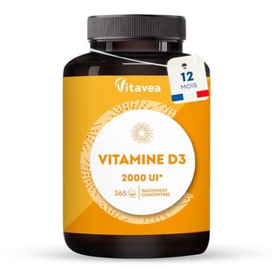 Vitamine D3-2000 UI - Défenses naturelles, immunité - Haut dosage - 1 an - Fabriqué en France - Vitavea