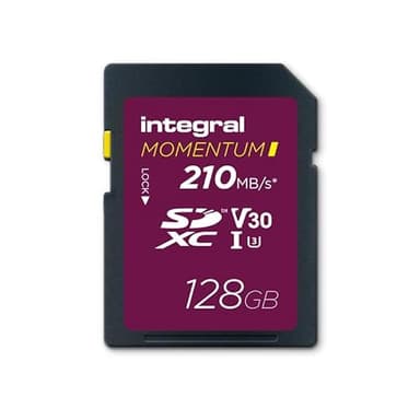 Integral Momentum I 128 Go Carte SDXC, 210 Mo/s en Lecture, 180 Mo/s en écriture, V30, U3, pour Reflex numériques, Hybrides et caméscopes, vidéo 4K UHD/Rafale, étanche, Antichoc