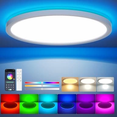 Aphyni Lampe de Plafond LED Dimmable avec Télécommande, 24W RGB Change Couleur, Plafonnier Rond Plat, 3000K-6500K, Contrôle Intelligent via App, pour Chambre, Cuisine, Salon