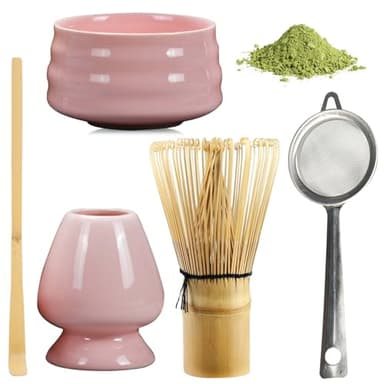 BAIFULAI Ensemble à thé matcha 5 pièces - Set à thé japonais - Fouet en céramique - Bol à matcha - Porte-fouet - Accessoires japonais pour cérémonie de matcha (rose)