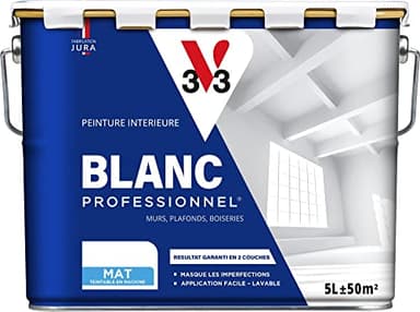 V33 Peinture Blanche Mur Et Plafond Mat, BLANC PROFESSIONNEL, 5L