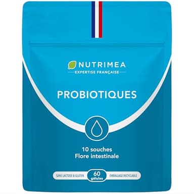PROBIOTIQUE FLORE INTESTINALE – Avec Prébiotiques – Equilibre de la Flore Intestinale – 10 Souches – 10 Milliards d’UFC par Gélule – 60 Gélules Vegan – Fabriqué en France – Nutrimea
