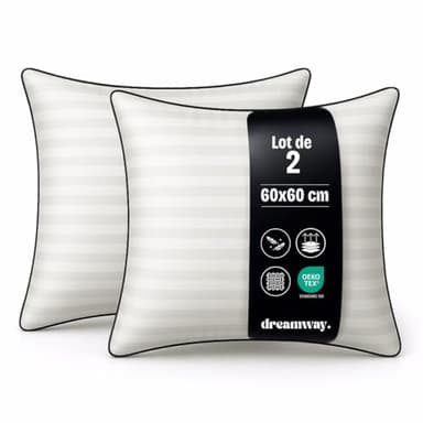 DREAMWAY Oreiller 60x60 cm Lot de 2 Oreillers Confort Moelleux, Qualité Hôtelière, Respirant et Hypoallergénique, Idéal pour Dormeurs sur Le Côté, Le Dos et Le Ventre