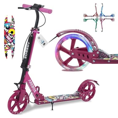 Arebos Trottinette réglable en Hauteur | Pliable | Sangle de Transport Incluse | Roues LED | Frein de pédale à Main | Suspension Avant-arrière | Enfants & Adultes | Charge maximale 100kg | Rose