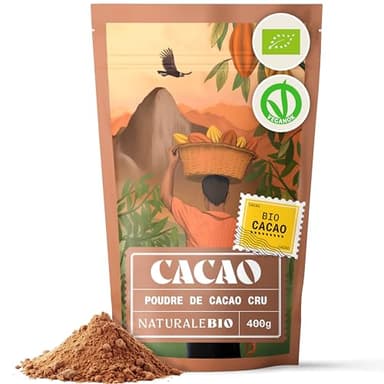 NaturaleBio Poudre de Cacao Bio 400g. Non Sucré, Naturel et Pur à partir de Fèves Crues. Produit par la Plante Theobroma. Source de Magnésium, Manganèse et Phosphore. Testé pour les Métaux Lourds