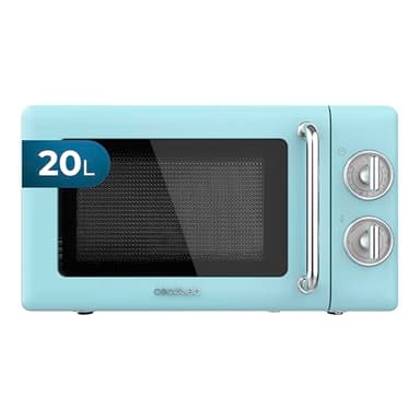 Cecotec Micro-Ondes Mécanique Proclean 3010 Retro Bleu. 20 L, 700 W en 6 niveaux, minuterie jusqu'à 30 minutes, mode dégivrage, design vintage bleu, finitions en acier.