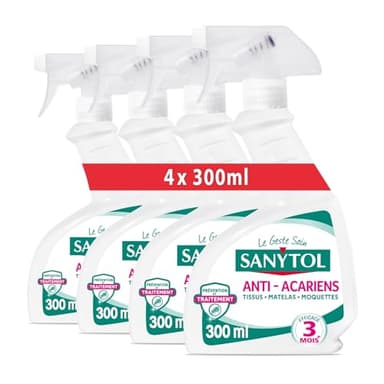 Sanytol - Désinfectant Anti-Acariens, Punaises de Lit et Puces - 300 ml - Lot de 4 - Pour Tissus, Matelas, Moquettes - Efficace 4 Mois, Sans Odeur Résiduelle, ne Tache Pas
