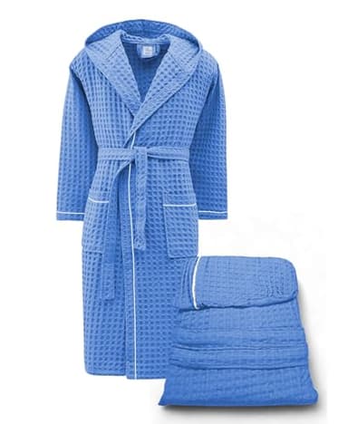 Tex family Peignoir Homme Femme en Coton avec Capuche, BEE Apone Nid d'Abeille, Séchage Rapide, Doux, bleu ciel, M