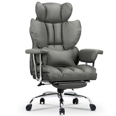 naspaluro Chaise Bureau Ergonomique à Hauteur Réglable,Fauteuil de Bureau avec Repose-Pieds Télescopique,Lombaire&Appui,Soutien Lombaire,Dossier Inclinable,PU Cuir,Gray