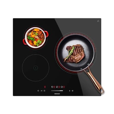 Cecotec Plaque Vitrocéramique Bolero Squad V 3100. Plaque vitrocéramique avec 3 zones, puissance de 5700W, 9 niveaux, minuterie individuelle, Stop&Go, sécurité enfants et indicateur de chaleur.