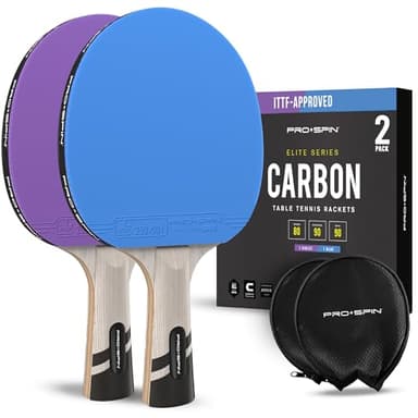 PRO-SPIN Raquette de Ping Pong Homologuée - ITTF en Fibre de Carbone | Série Elite 7 Plis, Caoutchouc Premium, Éponge 2 mm et Étui de Protection (Bleu | Violette, Paquet de 2)