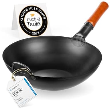 Yosukata Woks Et Poêles à Frire 34 cm - Wok à Fond Plat Pré-assaisonné - Wok Acier Carbone Noir- Wok Pour Induction, Plaques Électriques, Gaz Et Feu Ouvert - Wok Chinois Traditionnel