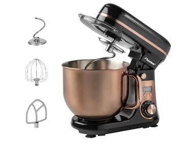 Bestron Robot Patissier, Robot pâtissier super silencieux (65 dB), Robot de cuisine 4-en-1, bol de 6 litres, inclus crochet pétrisseur, fouet et batteur plat, 6 vitesses + fonction Pulse, Cuivre