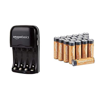 Amazon Basics Chargeur de Piles Ni-MH AA et AAA avec Port USB & Piles alcalines 1,5 V pour Le Quotidien - Lot de 20 (Le visuel Peut différer)