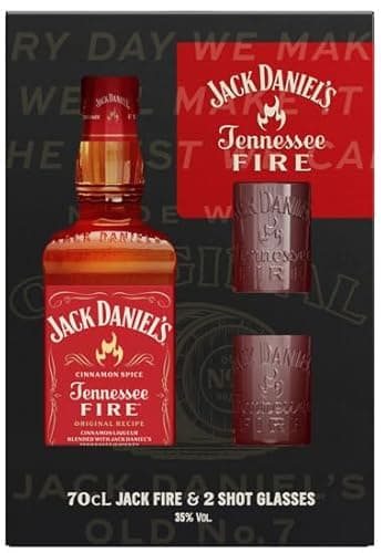 Jack Daniel's Coffret Fire 70 cl accompagné de 2 verres 35% - Liqueur de Whisky à la Cannelle - Épicée, Parfaite pour Cocktail ou Dégustation Pure - Arômes Riches de Cannelle, Vanille et Chêne Toasté