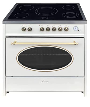 GURARI Cuisinière électrique GCH E 912 CR r, Rétro sur pied 90 cm, vitrocéramique, Range Coocker, 121 L, crème, 8 fonctions, air chaud, barbecue, 5 zones