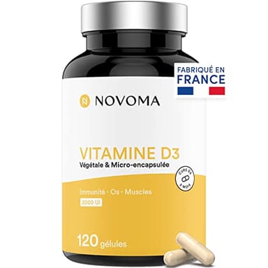 NOVOMA Vitamine D3 2000 UI/j, Vitamine D Naturelle Micro-encapsulée - Haute Absorption, Système Immunitaire, Santé des Os & Muscles, Cure de 2 mois, 120 gélules, Fabriqué en France