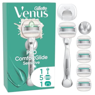 Gillette Venus Rasoir Pour Femmes Pro Comfort Glide Sensitive Pour Peaux Sensibles, Manche Réutilisable, 5 Recharges De Lames Et 1 Protection De Voyage, Bande Lubrifiante Contre La Peau Sèche