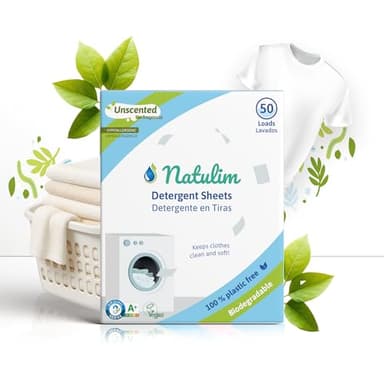 Natulim - Feuilles Lessive 50 Lavages - Sans produits chimiques - Convient aux peaux sensibles - Zéro Déchet et Sans Plastiques - Se dissout même à basse température - Sans Parfum