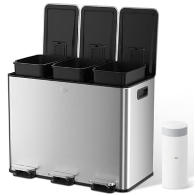 YASHE Poubelle de Cuisine 45L, Meuble Poubelle à 3 Compartiments en Acier Inoxydable avec Pédale, 20 Sacs et Seaux Amovibles, 3x15L