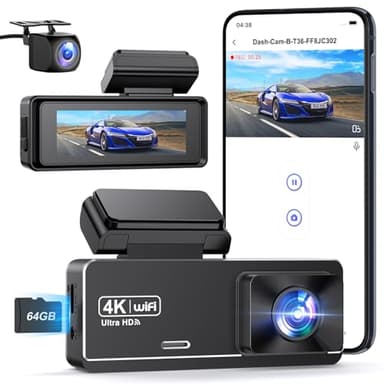 PENEMAY Dashcam Voiture Avant Arrière, 4K+1080P Camera Embarquée Voiture,WiFi Dashcam Carte 64Go Gratuite, IPS 2,99" Camera Voiture,Vision Nocturne UHD,Mode Stationnement 24H,Enregistrement en Boucle
