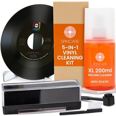 Kit Nettoyage Vinyle par SPINCARE | 5-en-1 Nettoyante pour LP Disques Vinyle, Antistatique Tampon Nettoyant en Velours, Support De Séchage/Présentoir Et Brosse pour Pointe De Lecture