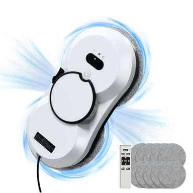 Qawner Robot Laveur de Vitre 5600 Pa, Robot Nettoyeur Vitres Automatique avec Fonction Pulvérisateur, Navigation Intelligente, Télécommande, Fonction de Détection des Bords, avec 10 Chiffons (A)