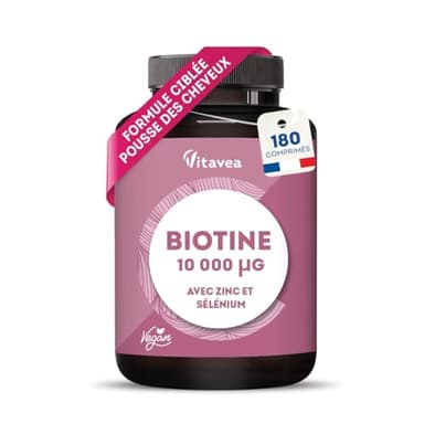 Biotine 10 000µg avec Sélénium & Zinc - Accélère la Pousse des Cheveux & des Ongles - Dosage élevé - Avec Vitamine B8-180 comprimés - Fabriqué en France - Vitavea