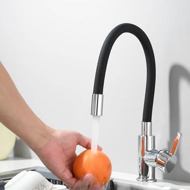 Robinet de Cuisine Flexible Bec Orientable Librement Mitigeur Robinet Évier Flexible à Bec Rotatif 360° Design Laiton Chromé et Noir Robinet Monotrou Eau Chaude et Froide
