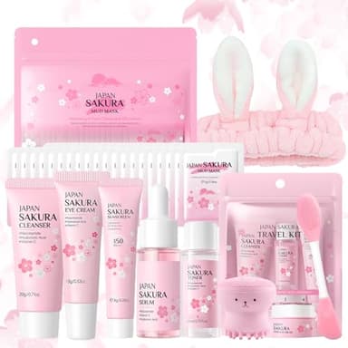 29 Pièces Sakura Ensemble de Soins de la Peau, avec Crème Nettoyante, Toner, Sérum, Masque de Boue, Coffret Cadeau de Soins de la Peau pour Adolescentes et Femmes
