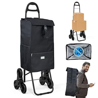 VOUNOT® Chariot de Courses Solide Pliable avec Compartiment Isotherme 6 Roues 3 en 1 Sac à Dos Sac de Rangement Panier Grande Capacité de 35 L Charge Max 30 kg Noir 104 x 45 x 40 cm