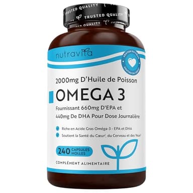 Omega 3 Huile de Poissons 2000mg - 240 Gélules (120 Jours) - Haute Concentration en EPA (660mg) & DHA (440mg) Soutien Fonction Cardiaque et une Vision Normale - Fabriqué par Nutravita