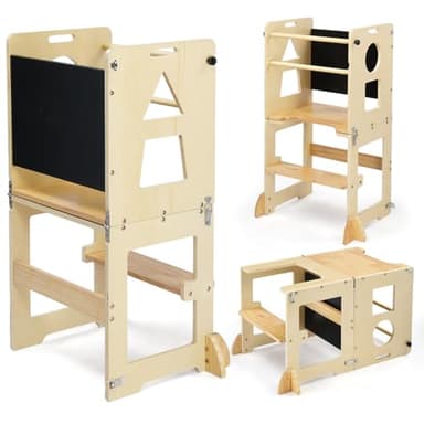 LEADZM Tour d Observation Enfant Pliable Montessori，Tour d'apprentissage，Enseignement Complémentaire en Géométrie，Sécurité Anti-Bascule & Design en Bois Robuste pour Cuisine, Espace Enfant（Nature）