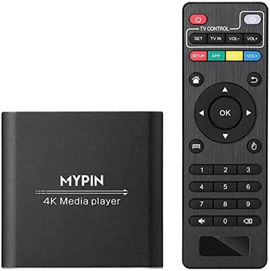 Lecteur Multimédia 4k, MYPIN Mini HD Media Player TV pour 8TB HDD/Clé USB/Carte TF/H.265 MP4 PPT MKV AVI Soutien Sortie HDMI/AV/Coaxial et Souris USB/Clavier-HDMI Jusqu'à 7.1 Son Surround