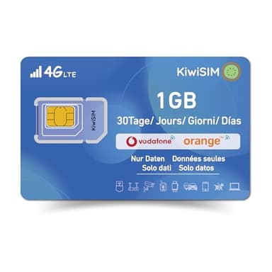 KiwiSim Carte SIM prépayée 1 Go 30 Jours 4G LTE – Utilisation Mondiale dans 45 Pays | Compatible avec Telefónica, O₂, Vodafone | pour Smartphones, hotspots, appareils Photo et appareils GPS