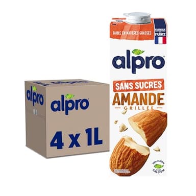 Alpro - Boisson Végétale - Lait d'Amande Grillée Sans Sucres - 1L - Lot de 4x1L