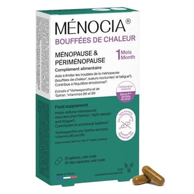MÉNOCIA Bouffées de Chaleur Ménopause 30 Gélules | Sans Hormones | Safran, Ashwagandha, Vitamines B9 et B6 | Bouffées de Chaleur, Sueurs Nocturnes, Fatigue, Sommeil | Fabriqué en France