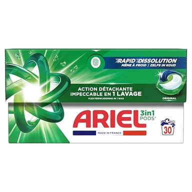 Ariel 3en1 PODS, Lessive Liquide En Capsules 30 Lavages, Original, Élimination Impeccable Des Taches En Un Seul Lavage, Dissolution Rapide Même À Froid