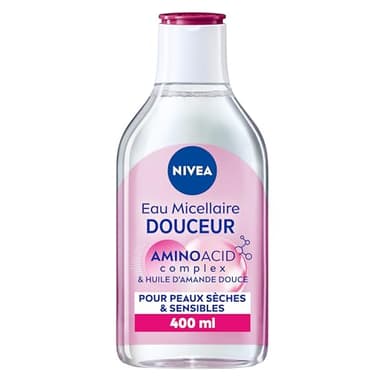 NIVEA - Eau Micellaire Douceur - Efficacité Waterproof - Visage, Yeux, Lèvres - Nettoie & Démaquille - Peau Douce, Lisse & Hydratée - Micelles, Acide Aminé & Amande Douce - Peaux Sèches - 400 ml