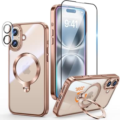 Yoouther 3 en 1 Coque pour iPhone 16 6.1" [Coque Magnétique Puissant pour MagSafe] [360° CD Support Rolatif] [avec Protection Caméra & Écran] Coque Antichoc Électroplaquée, Titane Sable
