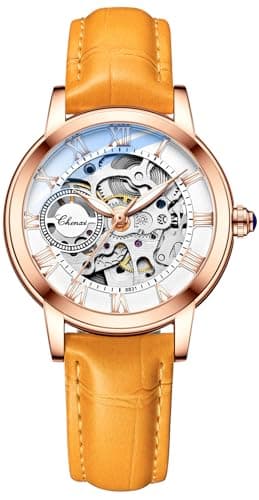 MASTOP Montre saphir pour femme avec mécanisme automatique steampunk à remontage automatique Bracelet doré squelette bracelet en cuir pour femme Famale, Orange/doré