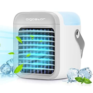 Aigostar Climatiseur Mobile, Mini Ventilateur Refroidisseur d'air Portable avec Poignée. Rechargeable par USB, Sans Fil. 3 Vitesses et Veilleuse 7 Couleurs - Ice Cube